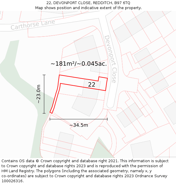 22, DEVONPORT CLOSE, REDDITCH, B97 6TQ: Plot and title map