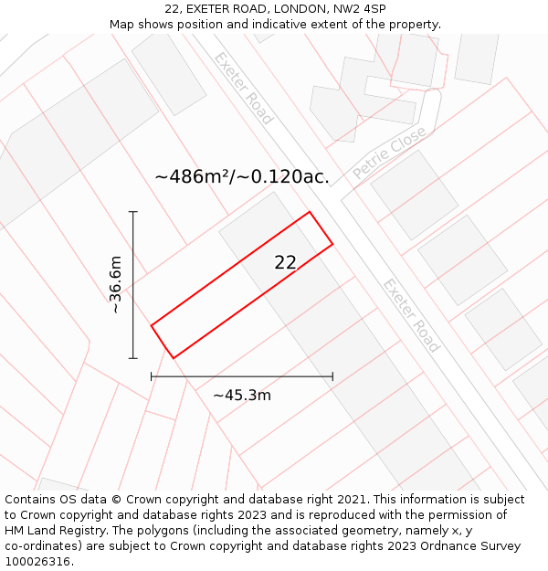 22, EXETER ROAD, LONDON, NW2 4SP: Plot and title map