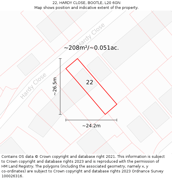 22, HARDY CLOSE, BOOTLE, L20 6GN: Plot and title map
