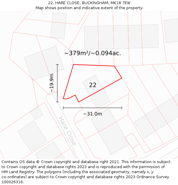 22, HARE CLOSE, BUCKINGHAM, MK18 7EW: Plot and title map