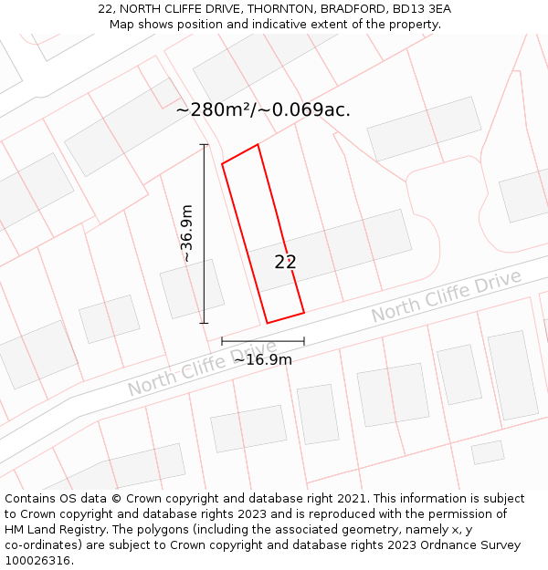 22, NORTH CLIFFE DRIVE, THORNTON, BRADFORD, BD13 3EA: Plot and title map