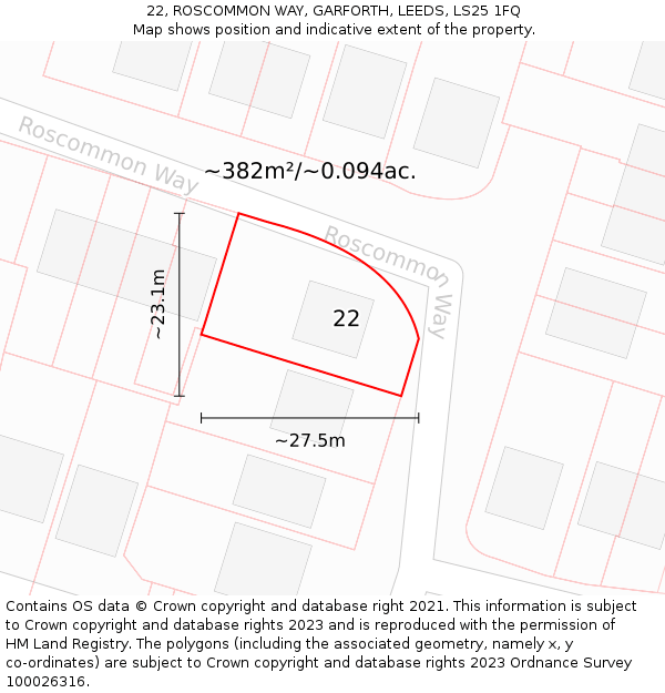 22, ROSCOMMON WAY, GARFORTH, LEEDS, LS25 1FQ: Plot and title map