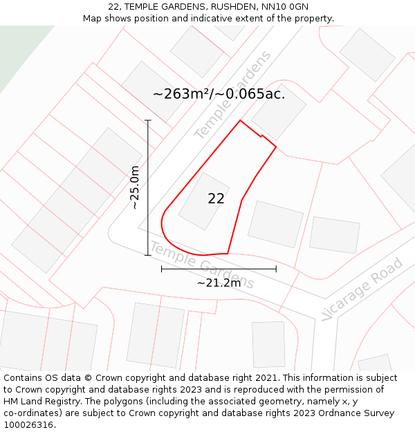 22, TEMPLE GARDENS, RUSHDEN, NN10 0GN: Plot and title map