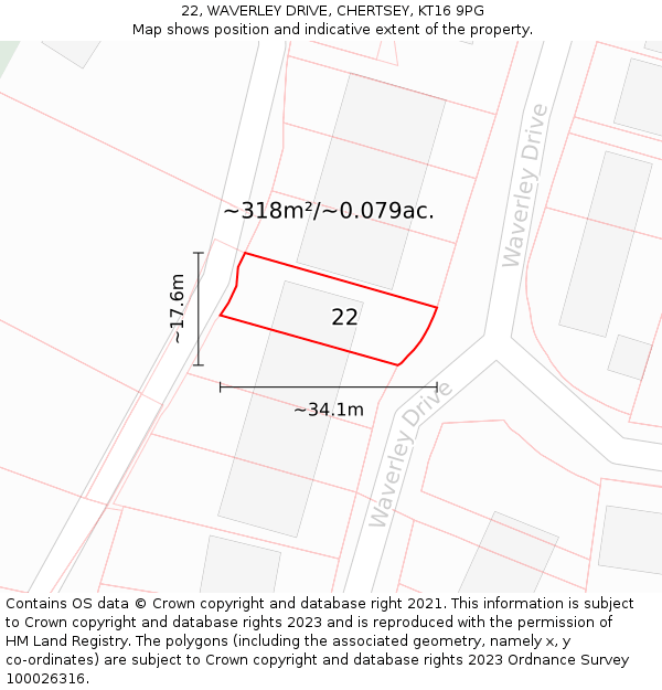 22, WAVERLEY DRIVE, CHERTSEY, KT16 9PG: Plot and title map