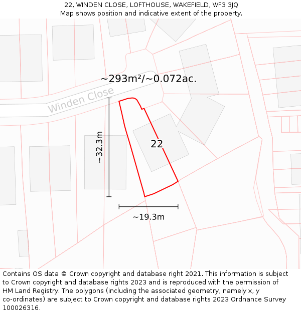 22, WINDEN CLOSE, LOFTHOUSE, WAKEFIELD, WF3 3JQ: Plot and title map