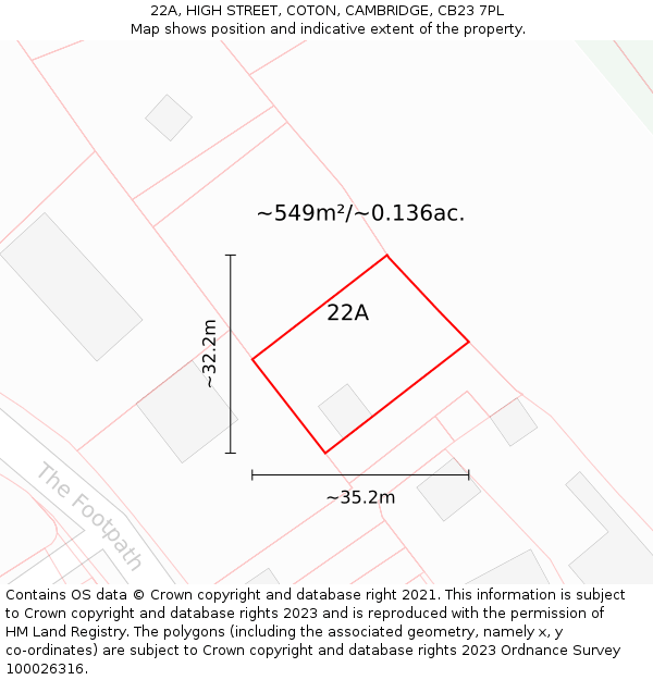 22A, HIGH STREET, COTON, CAMBRIDGE, CB23 7PL: Plot and title map