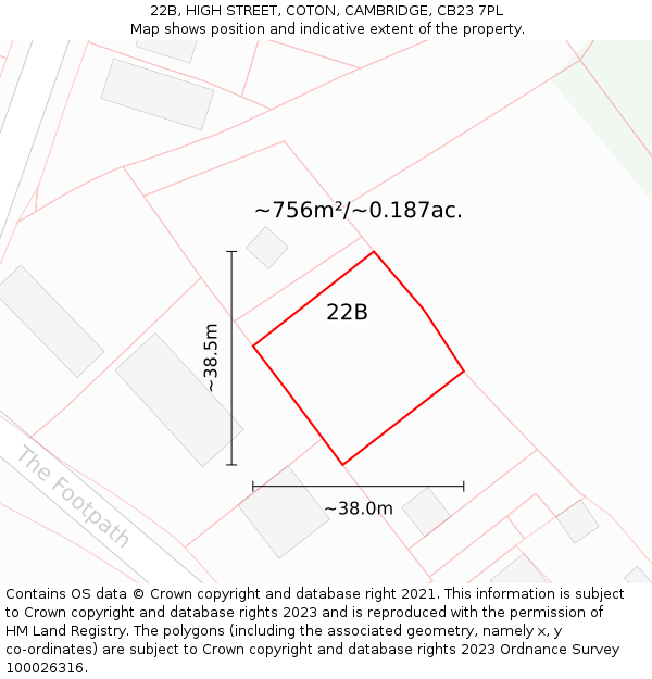 22B, HIGH STREET, COTON, CAMBRIDGE, CB23 7PL: Plot and title map