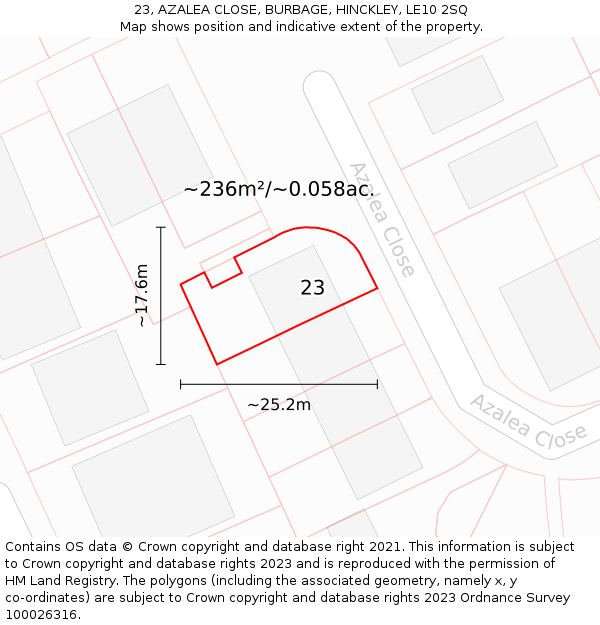 23, AZALEA CLOSE, BURBAGE, HINCKLEY, LE10 2SQ: Plot and title map
