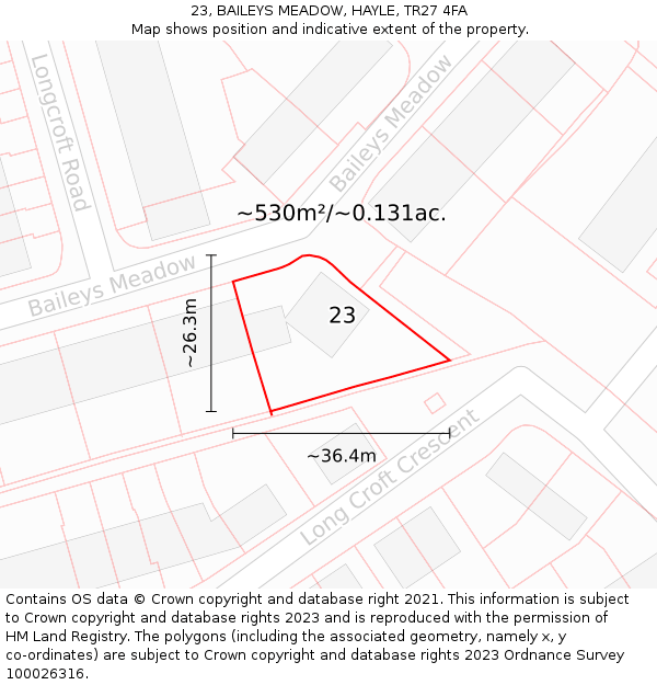 23, BAILEYS MEADOW, HAYLE, TR27 4FA: Plot and title map