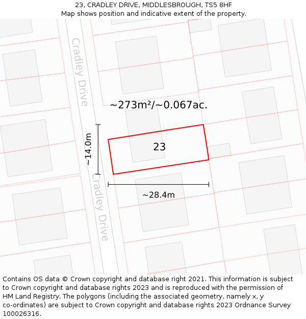 23, CRADLEY DRIVE, MIDDLESBROUGH, TS5 8HF: Plot and title map
