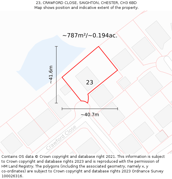 23, CRAWFORD CLOSE, SAIGHTON, CHESTER, CH3 6BD: Plot and title map