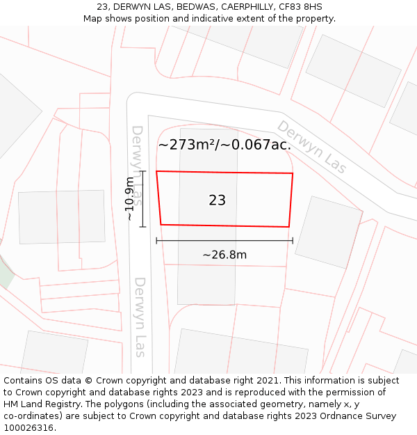 23, DERWYN LAS, BEDWAS, CAERPHILLY, CF83 8HS: Plot and title map