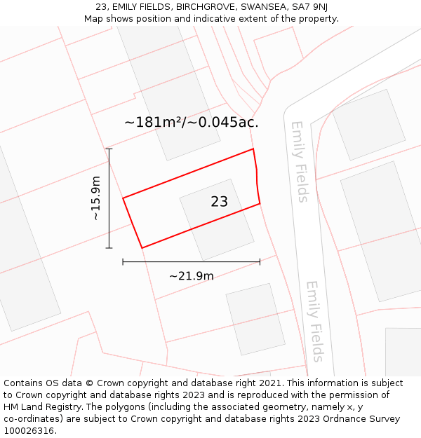 23, EMILY FIELDS, BIRCHGROVE, SWANSEA, SA7 9NJ: Plot and title map