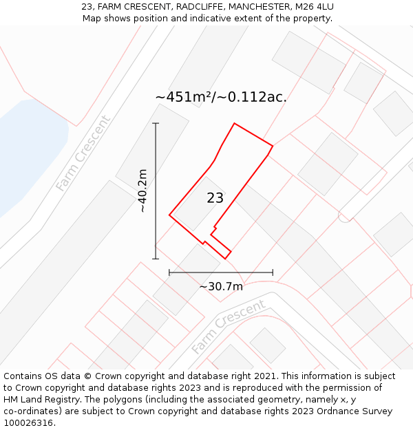 23, FARM CRESCENT, RADCLIFFE, MANCHESTER, M26 4LU: Plot and title map
