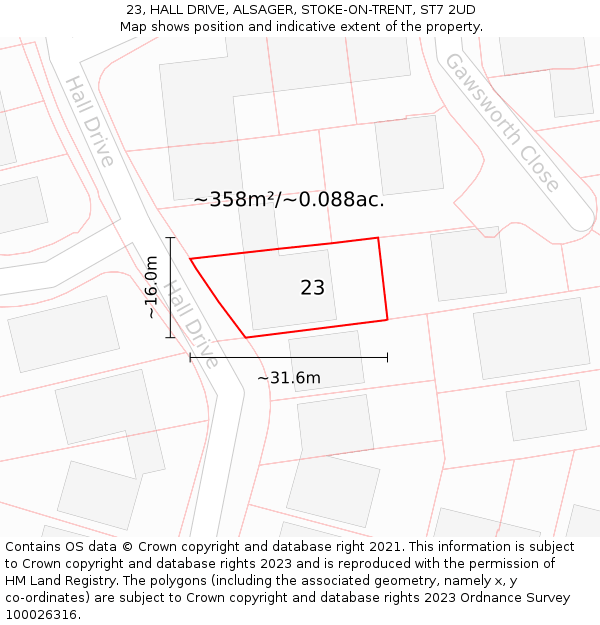 23, HALL DRIVE, ALSAGER, STOKE-ON-TRENT, ST7 2UD: Plot and title map