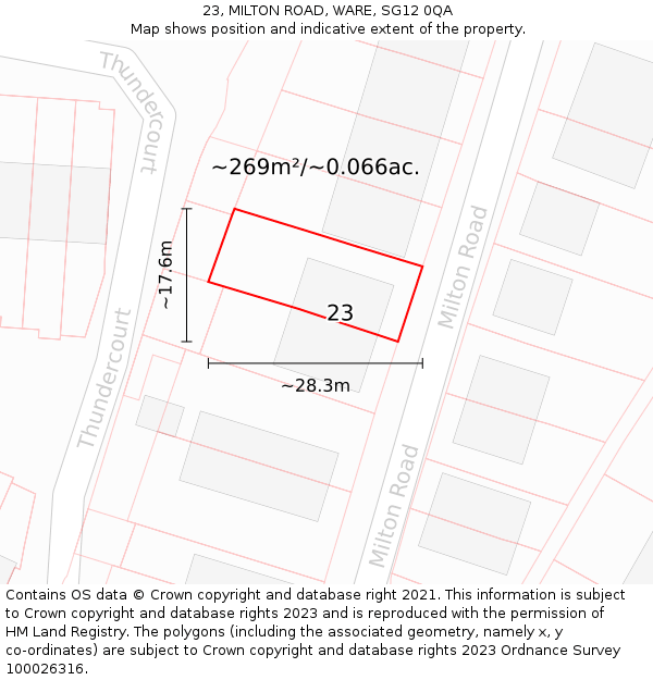 23, MILTON ROAD, WARE, SG12 0QA: Plot and title map