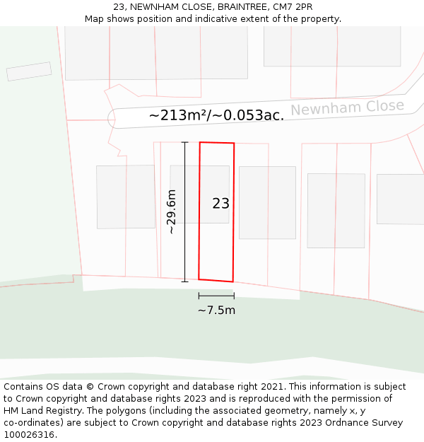 23, NEWNHAM CLOSE, BRAINTREE, CM7 2PR: Plot and title map