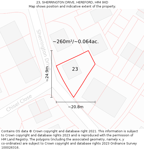 23, SHERRINGTON DRIVE, HEREFORD, HR4 9XD: Plot and title map