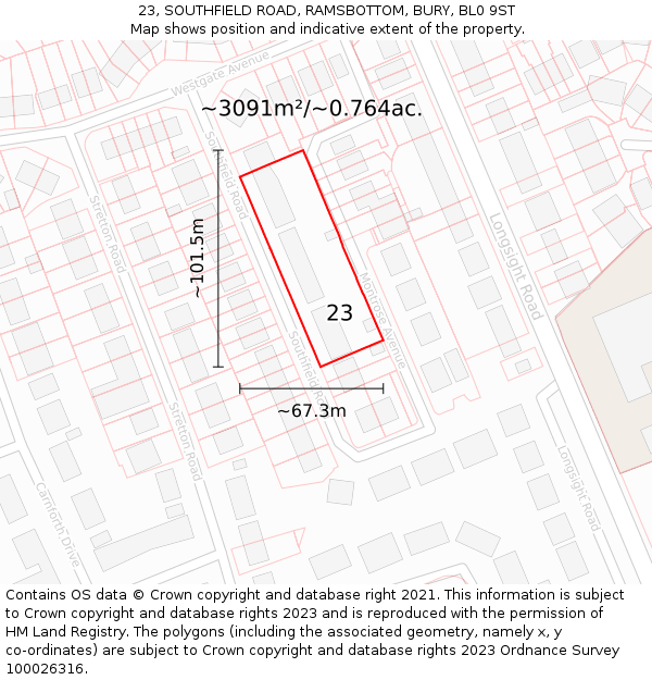 23, SOUTHFIELD ROAD, RAMSBOTTOM, BURY, BL0 9ST: Plot and title map