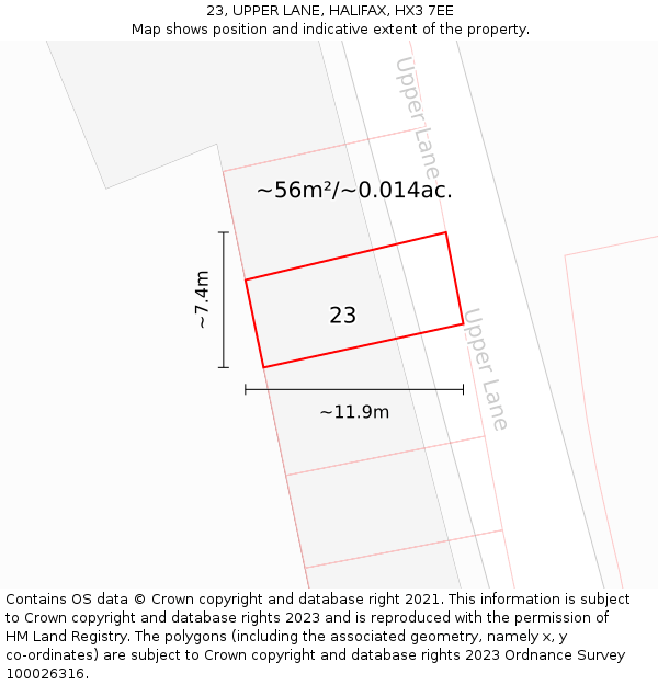 23, UPPER LANE, HALIFAX, HX3 7EE: Plot and title map