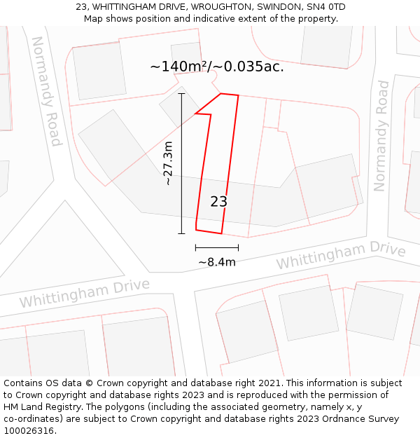 23, WHITTINGHAM DRIVE, WROUGHTON, SWINDON, SN4 0TD: Plot and title map
