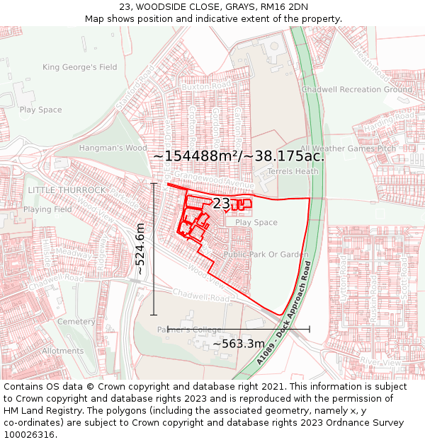 23, WOODSIDE CLOSE, GRAYS, RM16 2DN: Plot and title map