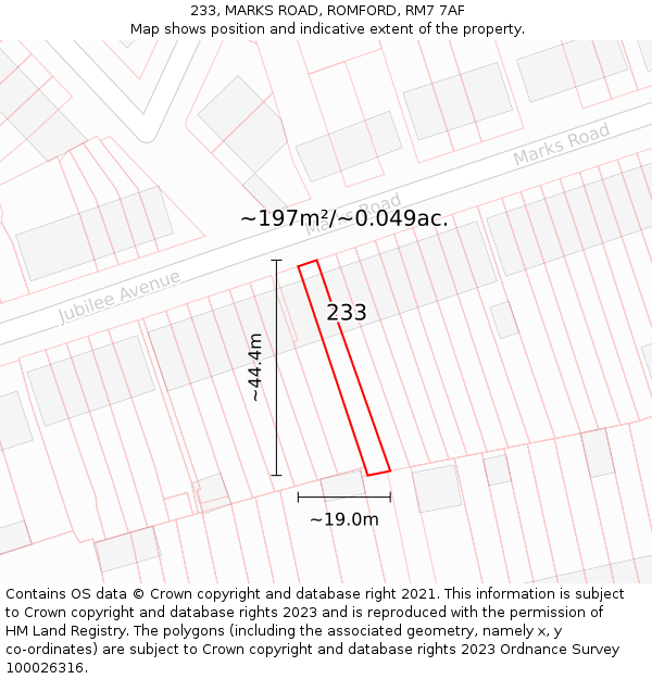233, MARKS ROAD, ROMFORD, RM7 7AF: Plot and title map