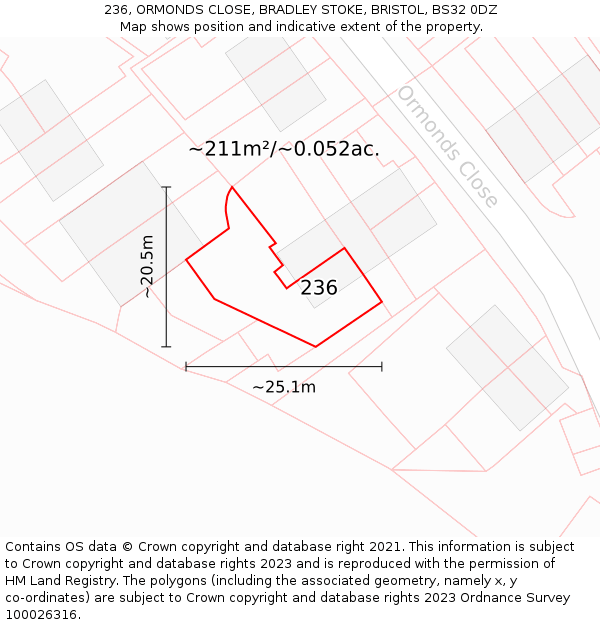 236, ORMONDS CLOSE, BRADLEY STOKE, BRISTOL, BS32 0DZ: Plot and title map