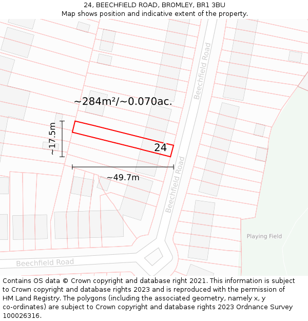 24, BEECHFIELD ROAD, BROMLEY, BR1 3BU: Plot and title map