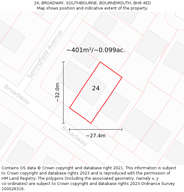 24, BROADWAY, SOUTHBOURNE, BOURNEMOUTH, BH6 4ED: Plot and title map
