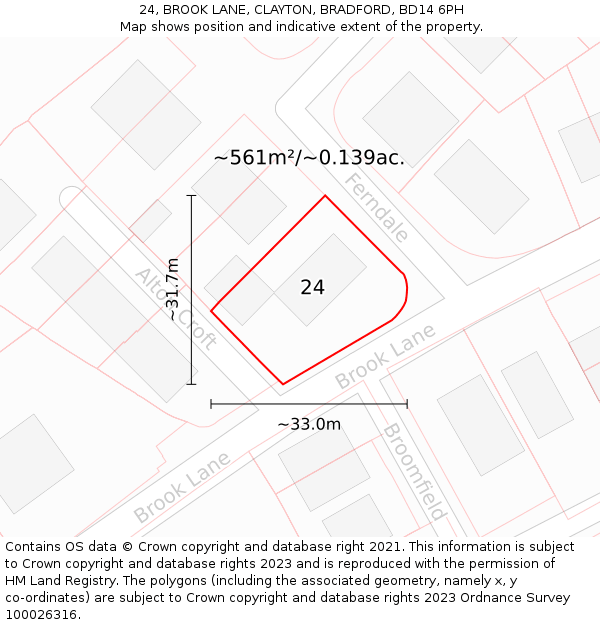 24, BROOK LANE, CLAYTON, BRADFORD, BD14 6PH: Plot and title map