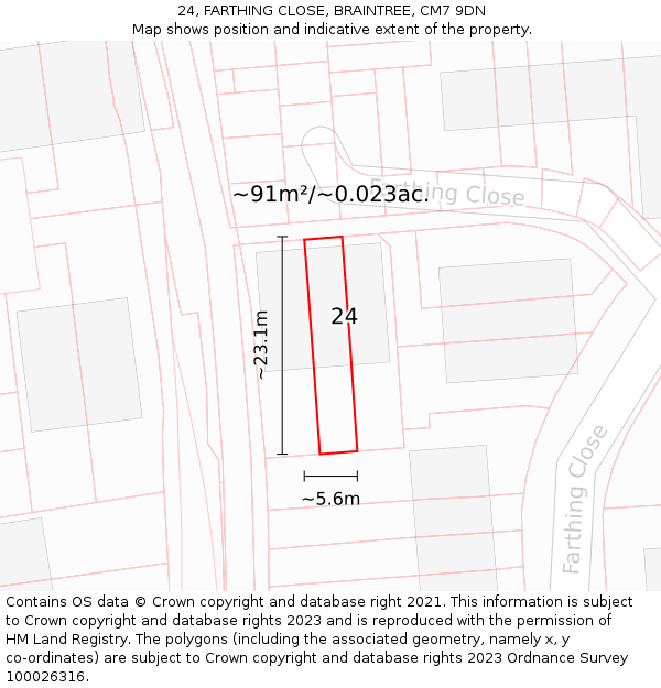 24, FARTHING CLOSE, BRAINTREE, CM7 9DN: Plot and title map