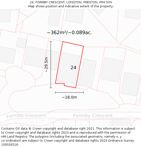 24, FORMBY CRESCENT, LONGTON, PRESTON, PR4 5YN: Plot and title map