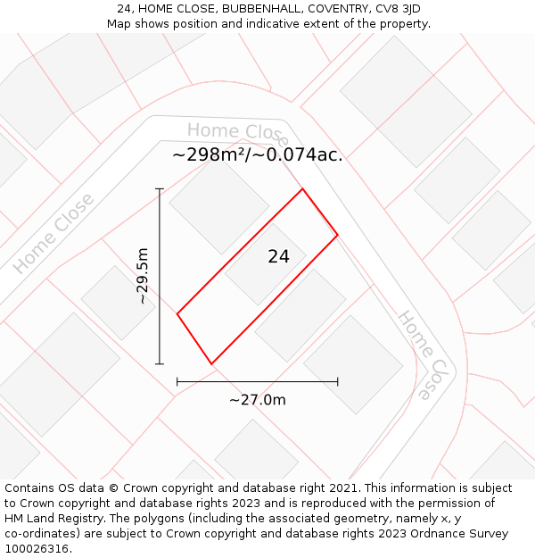 24, HOME CLOSE, BUBBENHALL, COVENTRY, CV8 3JD: Plot and title map