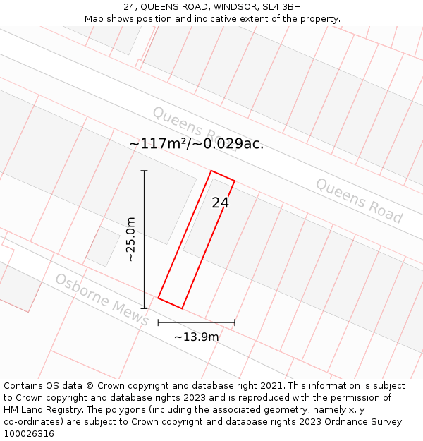 24, QUEENS ROAD, WINDSOR, SL4 3BH: Plot and title map