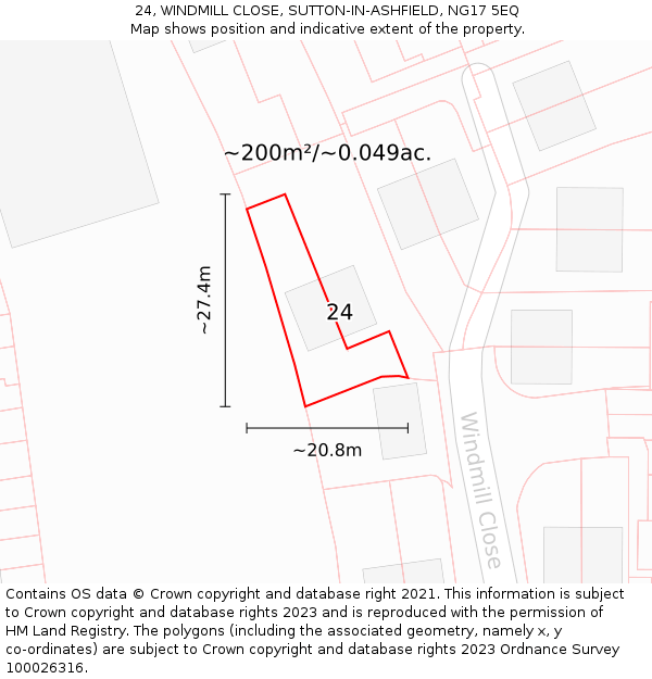 24, WINDMILL CLOSE, SUTTON-IN-ASHFIELD, NG17 5EQ: Plot and title map