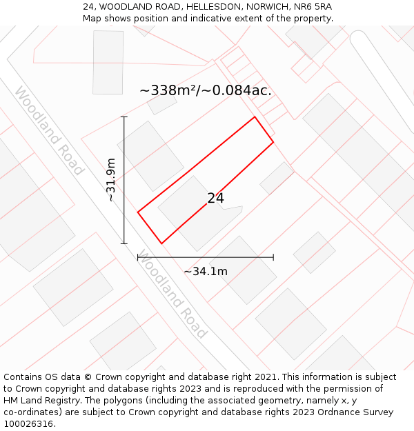 24, WOODLAND ROAD, HELLESDON, NORWICH, NR6 5RA: Plot and title map