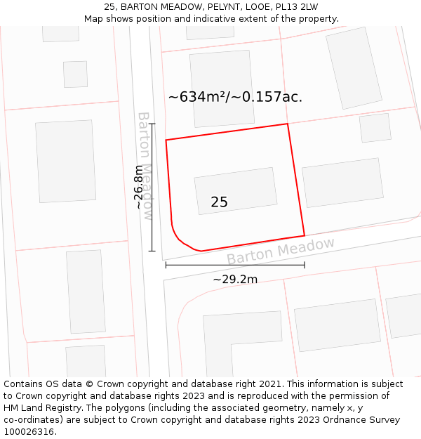 25, BARTON MEADOW, PELYNT, LOOE, PL13 2LW: Plot and title map