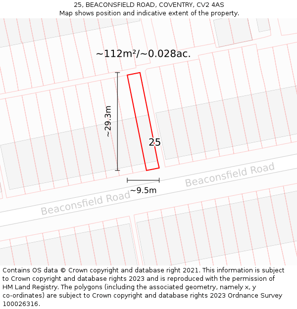 25, BEACONSFIELD ROAD, COVENTRY, CV2 4AS: Plot and title map