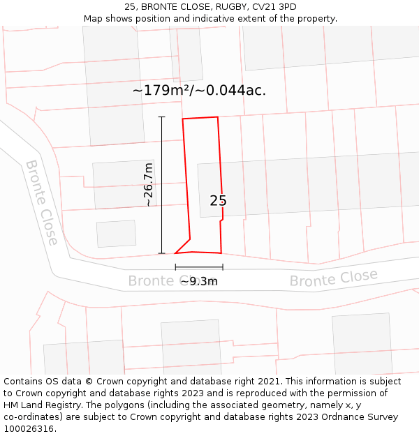 25, BRONTE CLOSE, RUGBY, CV21 3PD: Plot and title map