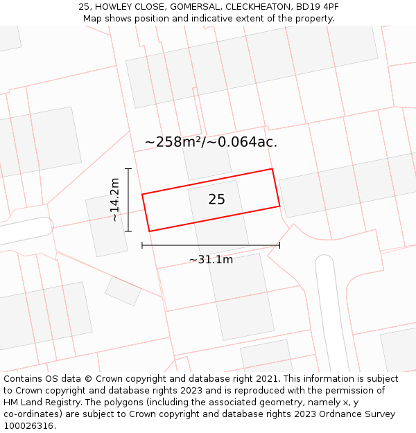 25, HOWLEY CLOSE, GOMERSAL, CLECKHEATON, BD19 4PF: Plot and title map