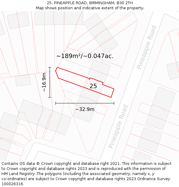 25, PINEAPPLE ROAD, BIRMINGHAM, B30 2TH: Plot and title map