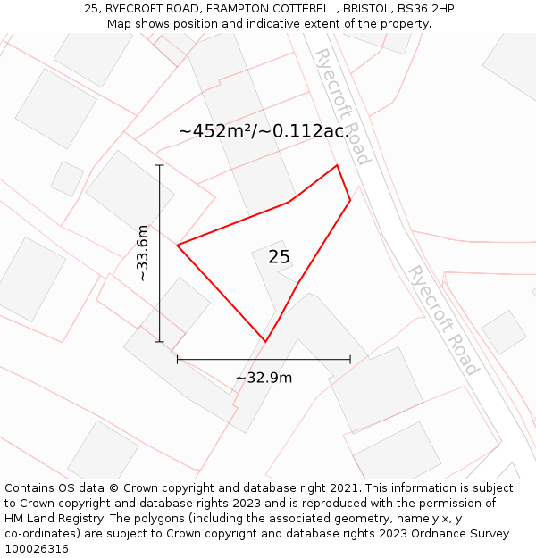 25, RYECROFT ROAD, FRAMPTON COTTERELL, BRISTOL, BS36 2HP: Plot and title map