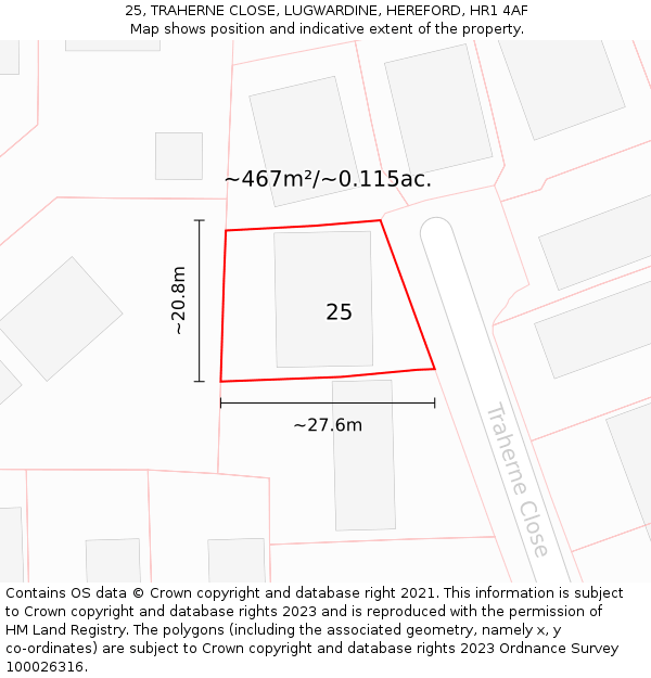 25, TRAHERNE CLOSE, LUGWARDINE, HEREFORD, HR1 4AF: Plot and title map