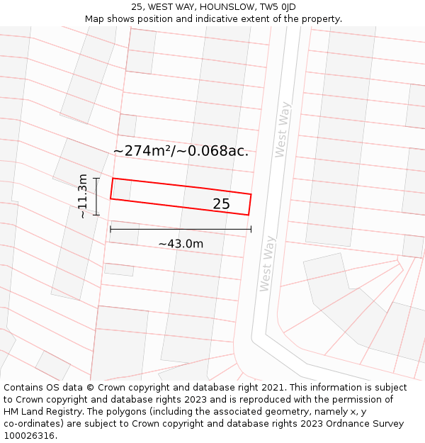 25, WEST WAY, HOUNSLOW, TW5 0JD: Plot and title map
