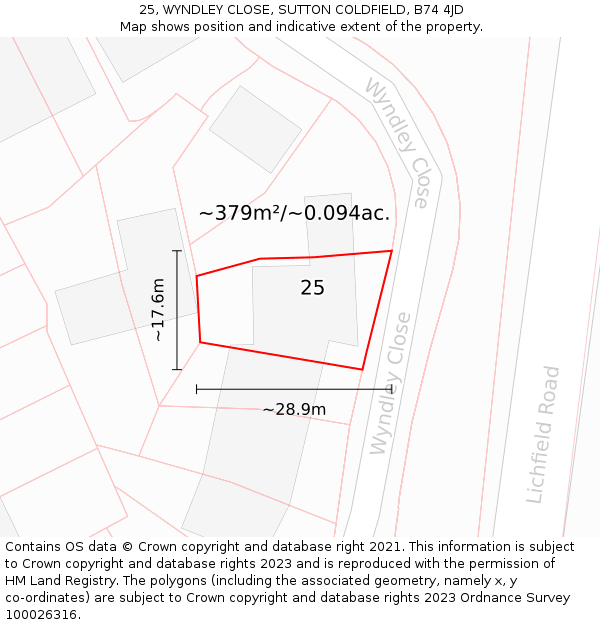 25, WYNDLEY CLOSE, SUTTON COLDFIELD, B74 4JD: Plot and title map