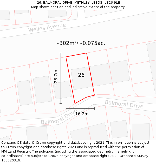 26, BALMORAL DRIVE, METHLEY, LEEDS, LS26 9LE: Plot and title map