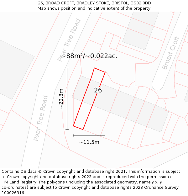26, BROAD CROFT, BRADLEY STOKE, BRISTOL, BS32 0BD: Plot and title map