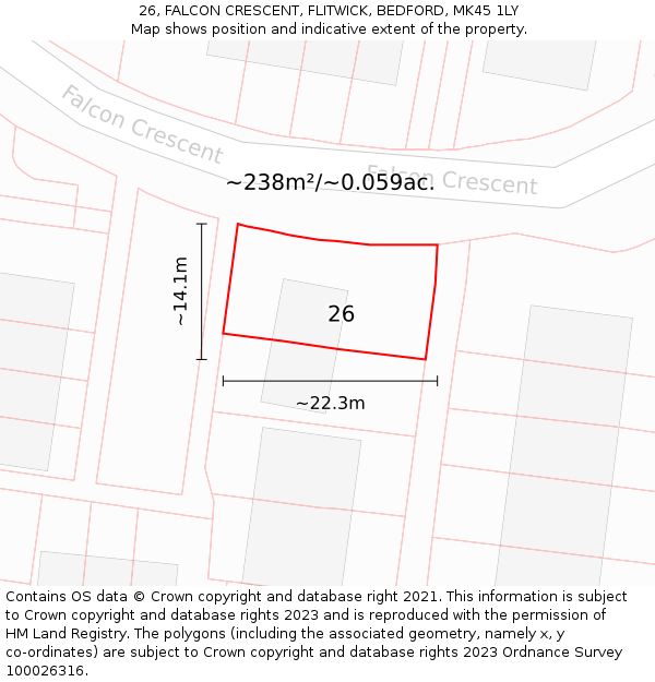 26, FALCON CRESCENT, FLITWICK, BEDFORD, MK45 1LY: Plot and title map