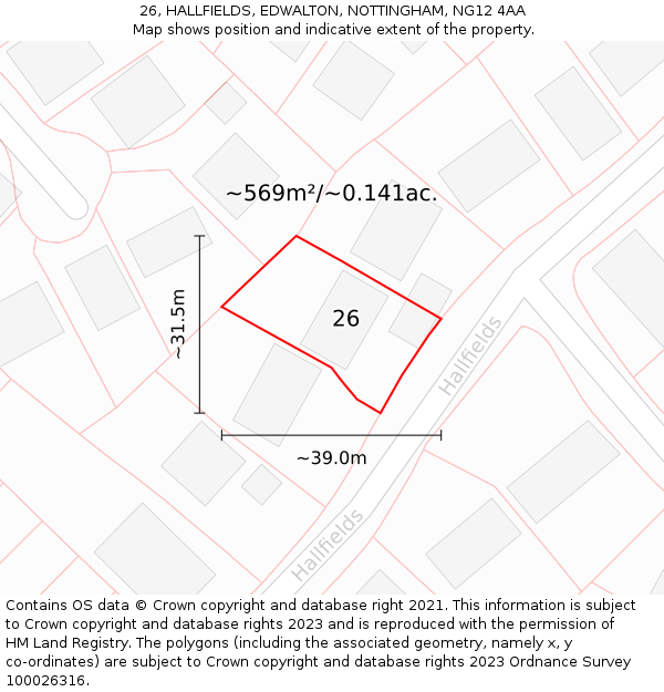 26, HALLFIELDS, EDWALTON, NOTTINGHAM, NG12 4AA: Plot and title map